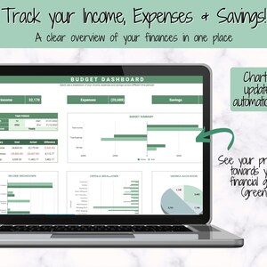 Puede incluir: Una pantalla de computadora port&aacute;til que muestra un tablero de presupuesto con gr&aacute;ficos y diagramas que muestran ingresos, gastos y ahorros. El tablero tiene un esquema de color verde y el texto "Track your Income, Expenses & Savings!" est&aacute; en la parte superior. El texto "Charts update automatically!" est&aacute; en un cuadro verde en el lado derecho de la pantalla. El texto "See your progress towards your financial goals (green)" est&aacute; en un cuadro verde en el lado derecho de la pantalla.