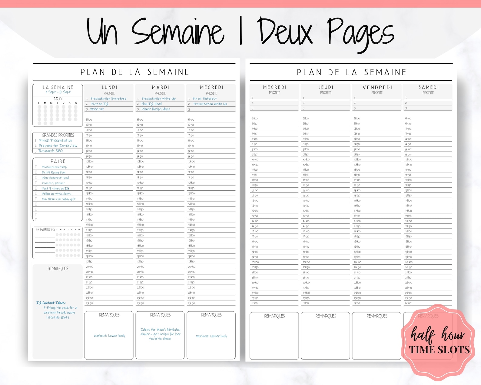 FRENCH Weekly Planner Printable Français Hourly Planner Etsy
