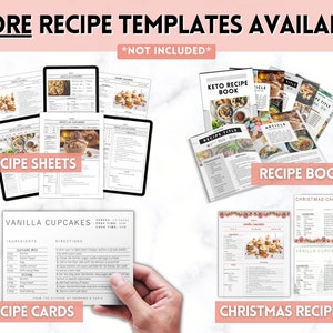 Puede incluir: Una colecci&oacute;n de plantillas de recetas imprimibles, que incluyen hojas de recetas, tarjetas de recetas y libros de recetas. Las plantillas presentan una variedad de dise&ntilde;os, que incluyen un libro de recetas cetog&eacute;nicas, un libro de recetas navide&ntilde;as y una receta de cupcakes de vainilla. El texto "M&aacute;s plantillas de recetas disponibles" est&aacute; en la parte superior de la imagen, y el texto "*No incluido*" est&aacute; debajo.