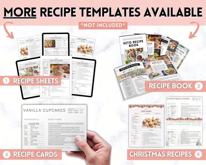 Puede incluir: Una colecci&oacute;n de plantillas de recetas imprimibles, que incluyen hojas de recetas, tarjetas de recetas y libros de recetas. Las plantillas presentan una variedad de dise&ntilde;os, que incluyen un libro de recetas cetog&eacute;nicas, un libro de recetas navide&ntilde;as y una receta de cupcakes de vainilla. El texto "M&aacute;s plantillas de recetas disponibles" est&aacute; en la parte superior de la imagen, y el texto "*No incluido*" est&aacute; debajo.