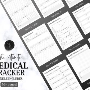 K&ouml;nnte beinhalten: Ein schwarzes und wei&szlig;es druckbares medizinisches Tracker-Paket mit &uuml;ber 50 Seiten. Das Paket enth&auml;lt Vorlagen f&uuml;r t&auml;gliche Protokolle, Krankengeschichte, pers&ouml;nliche Informationen, Medikamentenprotokolle, Listen von Gesundheitseinrichtungen und medizinische Kontaktlisten.