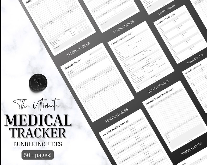 K&ouml;nnte beinhalten: Ein schwarzes und wei&szlig;es druckbares medizinisches Tracker-Paket mit &uuml;ber 50 Seiten. Das Paket enth&auml;lt Vorlagen f&uuml;r t&auml;gliche Protokolle, Krankengeschichte, pers&ouml;nliche Informationen, Medikamentenprotokolle, Listen von Gesundheitseinrichtungen und medizinische Kontaktlisten.