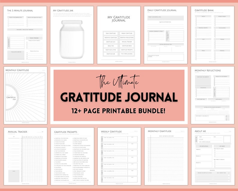 May include: A printable gratitude journal bundle with 12+ pages. The pages include prompts for daily, weekly, and monthly gratitude journaling, as well as a gratitude jar, a gratitude bank, and a monthly reflection section. The journal is designed to help you cultivate a more positive mindset and appreciate the good things in your life.