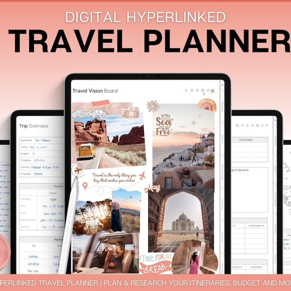 Digital Travel Journal, GoodNotes Travel Planner, itinerario de viaje, plantilla de viaje, diario de vacaciones, iPad, libreta digital, lista de equipaje