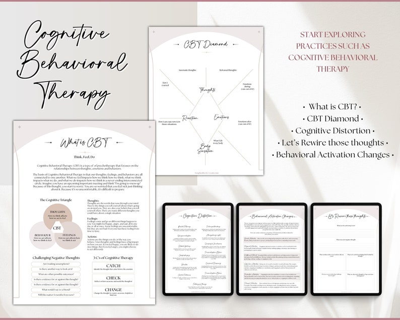 May include: A printable worksheet with the title "What is CBT?" and a diagram of the "Cognitive Triangle" with the words "Thoughts", "Feelings", and "Behavior" in three overlapping circles. The worksheet also includes a section on "Challenging Negative Thoughts" and a section on "10Cs of Cognitive Therapy" with the words "Catch, Check, Change".