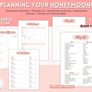 May include: A printable planning guide for a honeymoon with sections for destination research, packing list, itinerary, and honeymoon activity ideas. The guide has a pink and white watercolor design.