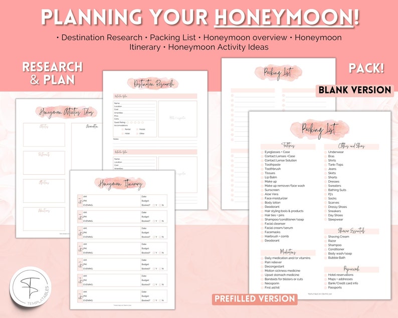 May include: A printable planning guide for a honeymoon with sections for destination research, packing list, itinerary, and honeymoon activity ideas. The guide has a pink and white watercolor design.