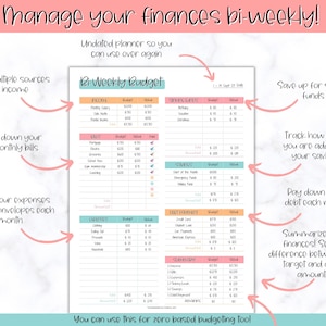 May include: A printable bi-weekly budget planner with sections for income, bills, savings, debt, and expenses. The planner is designed to help users manage their finances and track their progress towards their financial goals.