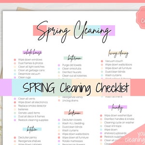 May include: A printable spring cleaning checklist with a colorful design. The checklist is divided into sections for different areas of the house, including the whole house, bathroom, living/dining, kitchen, bedroom, and laundry. Each section includes a list of cleaning tasks. The checklist also includes a section for adding your own cleaning tasks.