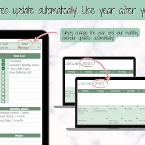 May include: A digital calendar template with a green and white color scheme. The calendar is designed to update automatically when the year is changed. The text "Dates update automatically! Use year after year!" is at the top of the image. The text "Simply change the year and your monthly calendar updates automatically!" is in the upper right corner of the image. The calendar shows the month of January for both 2022 and 2023.