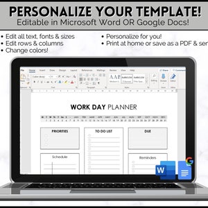 Editable Work Day Organizer, Daily Planner, Work From Home to Do List ...