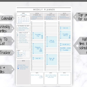 May include: A weekly planner with a black and white design. The planner has sections for monthly calendar, top weekly priorities, weekly to do list, habit tracker, notes and doodles. The planner has half hour time blocks to schedule your day.