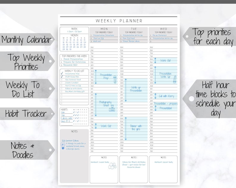 May include: A weekly planner with a black and white design. The planner has sections for monthly calendar, top weekly priorities, weekly to do list, habit tracker, notes and doodles. The planner has half hour time blocks to schedule your day.