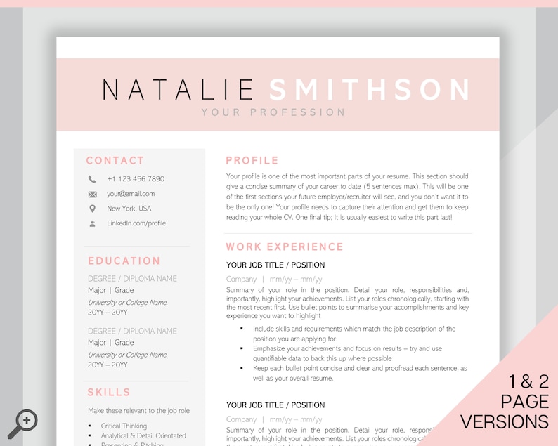 May include: A pink and white resume template with the title "Natalie Smithson" and the text "Your Profession". The template includes sections for contact information, education, skills, profile, and work experience.