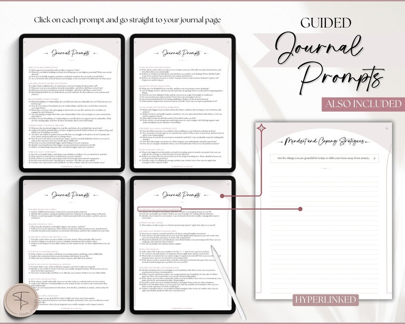 May include: A digital printable journal with guided prompts for self-reflection and mindfulness. The journal includes a section for listing coping strategies and is hyperlinked for easy navigation.