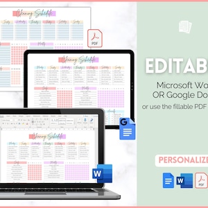 Op de afbeelding: Een digitale schoonmaakschema-sjabloon in een pastelkleurenschema. De sjabloon wordt weergegeven op een laptopscherm, een tablet en een geprint vel papier. De sjabloon is bewerkbaar in Microsoft Word of Google Docs, of kan worden gebruikt als een invulbaar PDF.