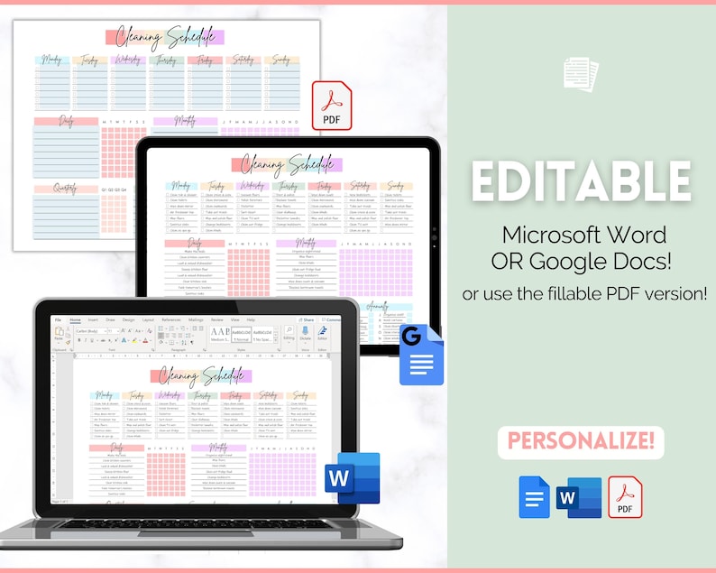 Op de afbeelding: Een digitale schoonmaakschema-sjabloon in een pastelkleurenschema. De sjabloon wordt weergegeven op een laptopscherm, een tablet en een geprint vel papier. De sjabloon is bewerkbaar in Microsoft Word of Google Docs, of kan worden gebruikt als een invulbaar PDF.