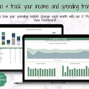 May include: A laptop screen displaying a 12-month view dashboard for tracking income and spending trends. The dashboard includes a line graph showing total income and total expenses over the past year, as well as bar graphs showing income and expenses for each month. The text "12 MONTH VIEW" is displayed at the top of the screen.
