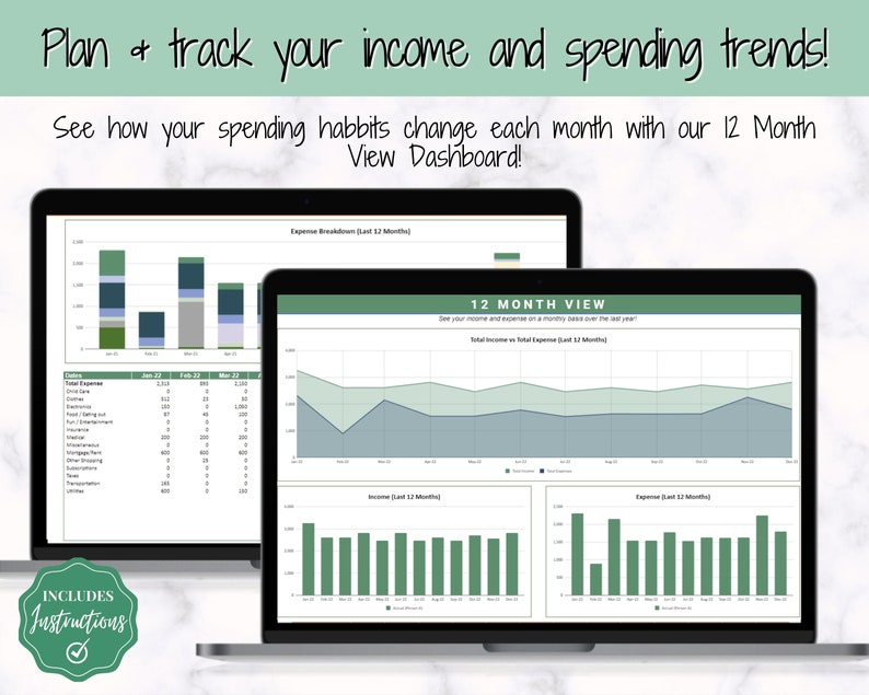 May include: A laptop screen displaying a 12-month view dashboard for tracking income and spending trends. The dashboard includes a line graph showing total income and total expenses over the past year, as well as bar graphs showing income and expenses for each month. The text "12 MONTH VIEW" is displayed at the top of the screen.
