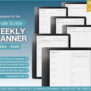 Peut inclure: Un planificateur numérique pour Kindle Scribe, affichant des vues de calendrier hebdomadaires, mensuelles et annuelles. Le planificateur est conçu pour 2024 et 2025, avec des options pour les dates de début le dimanche ou le lundi. Le planificateur est hyperlié pour une navigation facile.
