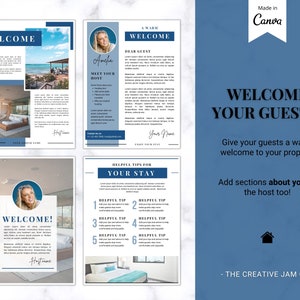 May include: A blue and white Canva template with the text "WELCOME YOUR GUESTS!" and "WELCOME". The template includes images of a beach, a bedroom, and a host. It also features sections for helpful tips and host information.