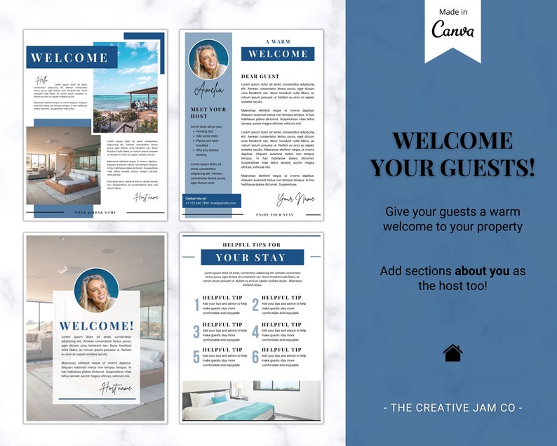 May include: A blue and white Canva template with the text "WELCOME YOUR GUESTS!" and "WELCOME". The template includes images of a beach, a bedroom, and a host. It also features sections for helpful tips and host information.