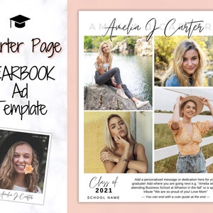 Jaarboek AD-sjabloon, Senior & High School afstuderen, Grad aankondiging, schooljaarboek, KWARTAALpagina, fotokaart, jaarboekadvertentie, eerbetoon