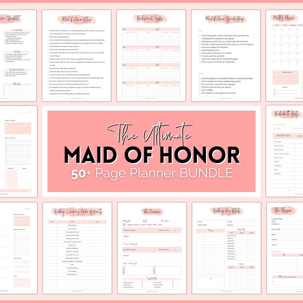 Maid of Honor Planner, 50pg Matron of Honor Wedding Planner bundle, MOH Binder Book, Checklist, To Do List, Bridal Shower, Bachelorette