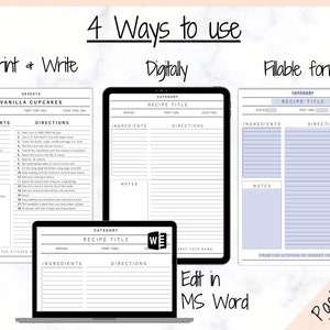 Puede incluir: Un paquete de plantillas de recetas imprimibles digitales con cuatro formas diferentes de usarlo: imprimir y escribir, digitalmente, formulario rellenable y editar en MS Word. La plantilla incluye secciones para la categor&iacute;a, el t&iacute;tulo de la receta, las porciones, el tiempo de preparaci&oacute;n, el tiempo de cocci&oacute;n, los ingredientes, las instrucciones y las notas.