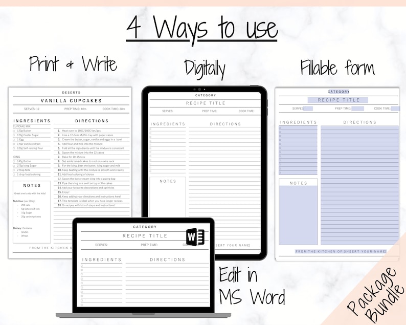 Puede incluir: Un paquete de plantillas de recetas imprimibles digitales con cuatro formas diferentes de usarlo: imprimir y escribir, digitalmente, formulario rellenable y editar en MS Word. La plantilla incluye secciones para la categor&iacute;a, el t&iacute;tulo de la receta, las porciones, el tiempo de preparaci&oacute;n, el tiempo de cocci&oacute;n, los ingredientes, las instrucciones y las notas.