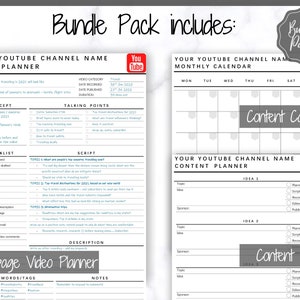 May include: A printable YouTube video planner and content calendar template. The planner includes sections for video title, sponsor info, concept, talking points, script, checklist, keywords, and notes. The calendar includes a monthly calendar and a content planner with sections for topic, idea, sponsor, and a checklist for planning, scripting, recording, editing, and publishing.