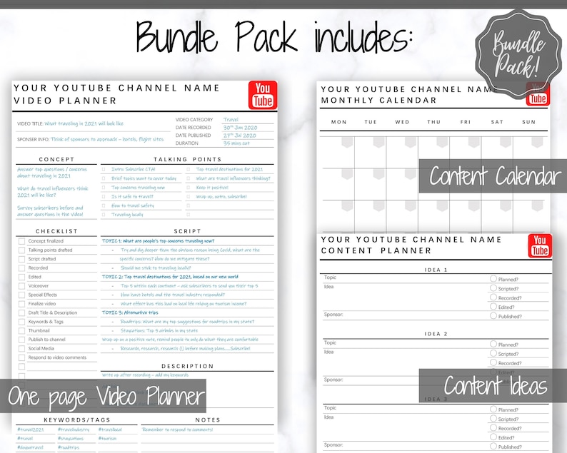 May include: A printable YouTube video planner and content calendar template. The planner includes sections for video title, sponsor info, concept, talking points, script, checklist, keywords, and notes. The calendar includes a monthly calendar and a content planner with sections for topic, idea, sponsor, and a checklist for planning, scripting, recording, editing, and publishing.