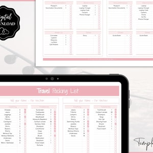 May include: A printable travel packing list checklist with pink and white text. The checklist is divided into two columns, one for "her" and one for "him". The checklist includes categories for clothing, toiletries, electronics, documents, and other items.