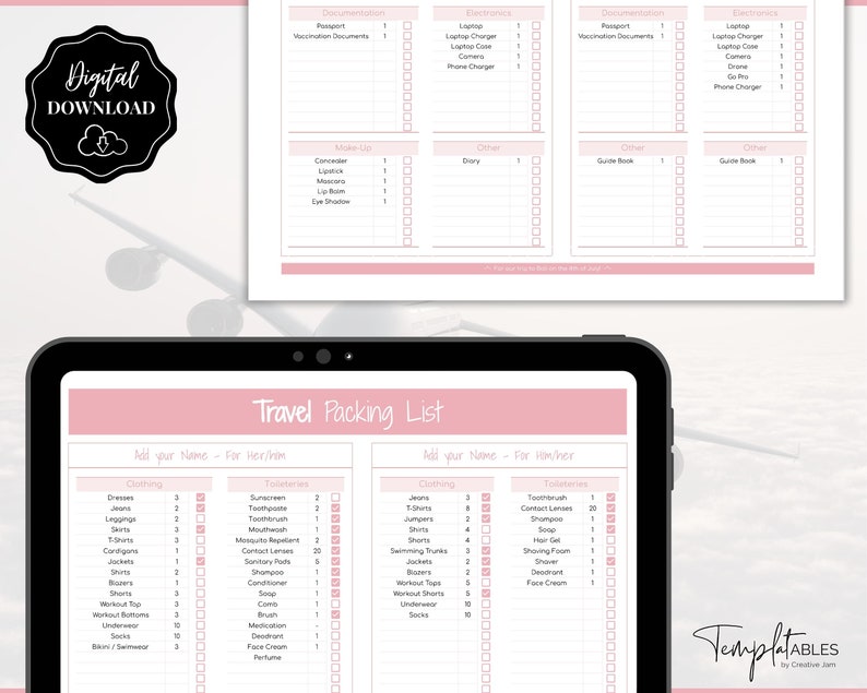 May include: A printable travel packing list checklist with pink and white text. The checklist is divided into two columns, one for "her" and one for "him". The checklist includes categories for clothing, toiletries, electronics, documents, and other items.