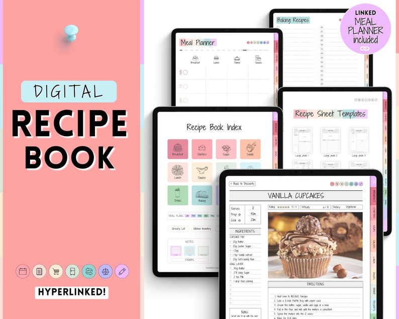 K&ouml;nnte beinhalten: Ein digitales Rezeptbuch mit einem farbenfrohen Index, Rezeptvorlagen und einem Meal Planner. Das Buch enth&auml;lt ein Rezept f&uuml;r Vanille-Cupcakes mit einem Foto des fertigen Produkts. Der Text "LINKED MEAL PLANNER included" ist in der oberen rechten Ecke sichtbar.