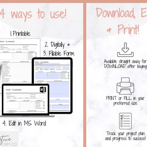 May include: A digital planner template for social media posts. The image shows four ways to use the template: printable, digital, fillable form, and editable in Microsoft Word. The template includes sections for category, outline, prompts, checklist, description, and links.
