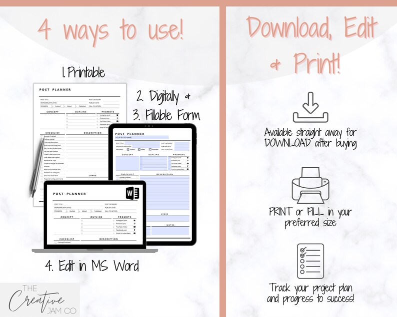 May include: A digital planner template for social media posts. The image shows four ways to use the template: printable, digital, fillable form, and editable in Microsoft Word. The template includes sections for category, outline, prompts, checklist, description, and links.