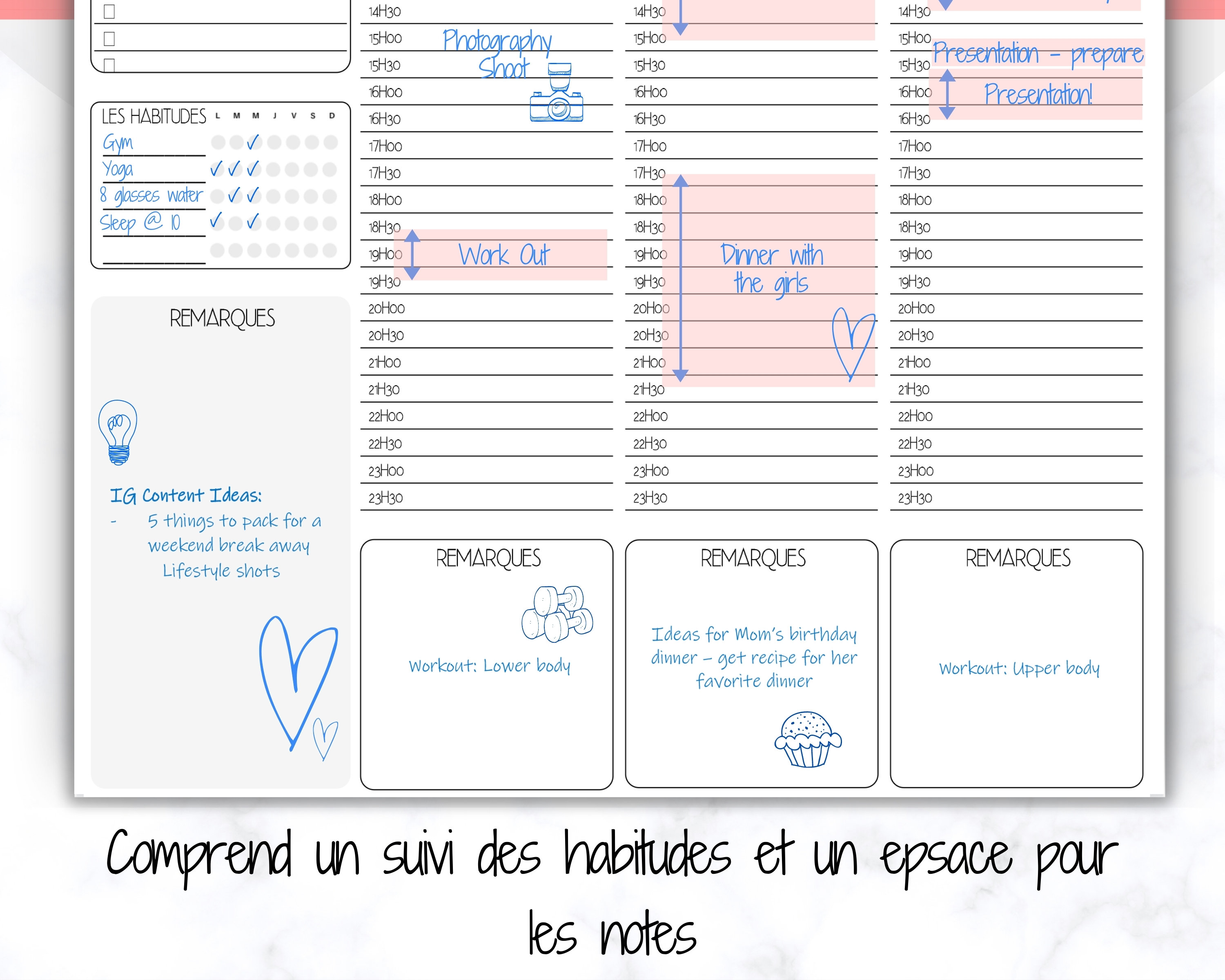 FRENCH Weekly Planner Printable Français Hourly Planner Etsy