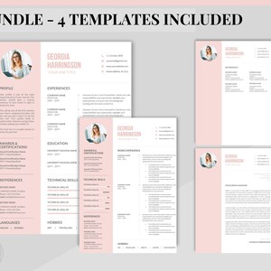 K&ouml;nnte beinhalten: Ein Satz von vier rosa und wei&szlig;en Lebenslaufvorlagen mit einem Platzhalter f&uuml;r ein Foto. Der Text "Bundle - 4 Templates Included" befindet sich oben im Bild.