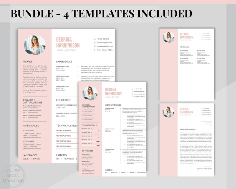 K&ouml;nnte beinhalten: Ein Satz von vier rosa und wei&szlig;en Lebenslaufvorlagen mit einem Platzhalter f&uuml;r ein Foto. Der Text "Bundle - 4 Templates Included" befindet sich oben im Bild.
