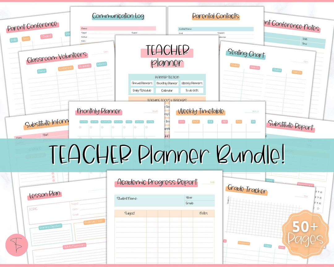 TEACHER Planner Printable, 50+ Pg BUNDLE, Homeschool Teacher, Academic Planner, Lesson Plan ...