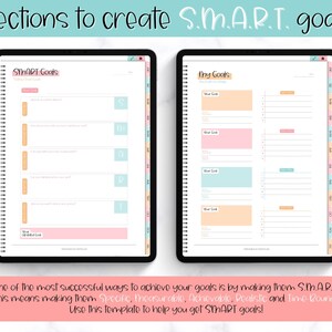 May include: A digital planner template on a tablet screen with a pink and blue colour scheme. The template is designed to help users create SMART goals, which are Specific, Measurable, Achievable, Realistic, and Time-Bound. The template includes sections for writing down goals and tracking progress.