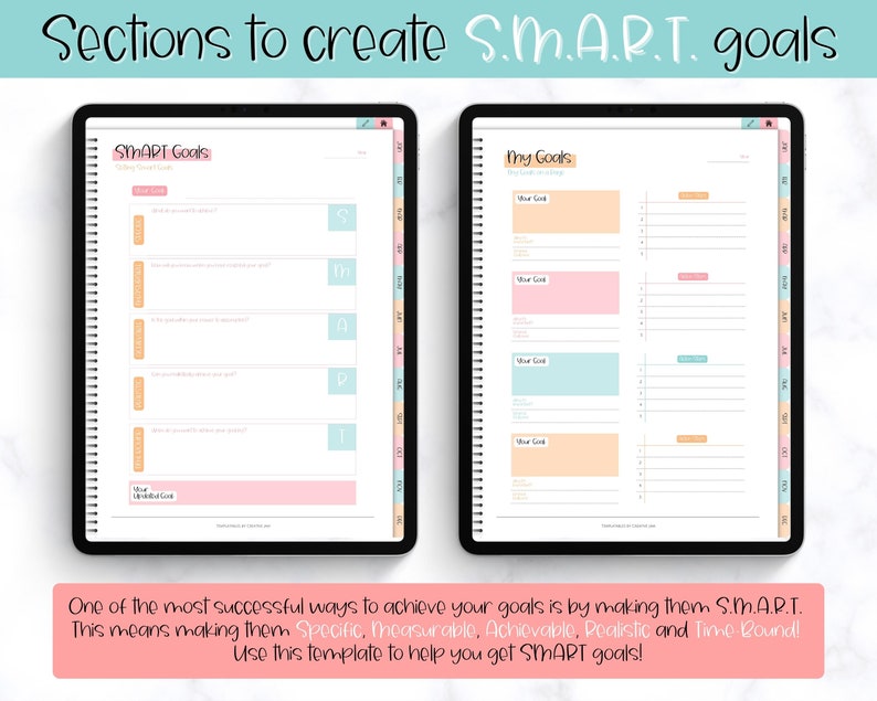 May include: A digital planner template on a tablet screen with a pink and blue colour scheme. The template is designed to help users create SMART goals, which are Specific, Measurable, Achievable, Realistic, and Time-Bound. The template includes sections for writing down goals and tracking progress.