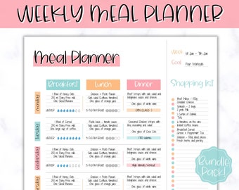 Kleurrijke maaltijdplanner afdrukbaar, wekelijks voedseldagboek, maaltijdtracker, voedseldagboek, menuplan & voorbereiding, boodschappenlijst! Dieet, fitness, gezondheid, roze