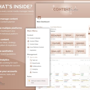 May include: A beige and brown digital content calendar template with the text "CONTENT Calendar" at the top. The template includes a main dashboard, a main menu, a social media platform section, and a calendar. The main menu includes sections for content, management, and notes. The social media platform section includes icons for Instagram, TikTok, Pinterest, YouTube, Facebook, LinkedIn, Email List, Blog, and Twitter. The calendar is a monthly calendar with the dates 06 and 07 highlighted. The text "The only real valuable thing is intuition." is also included on the calendar.