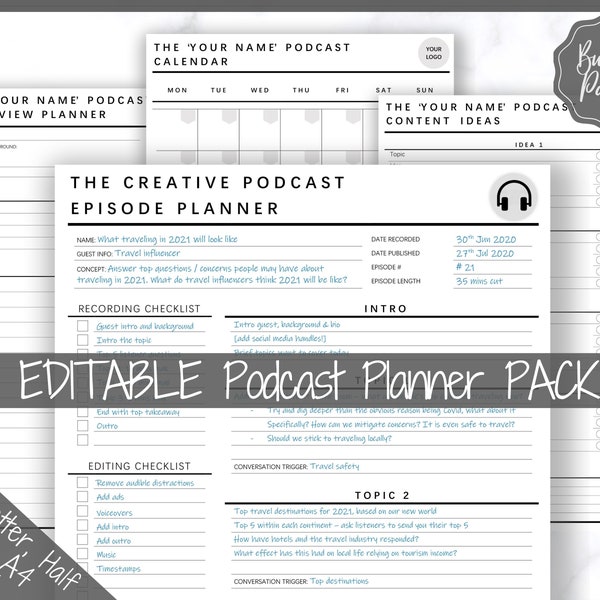 Editable Podcast Planner BUNDLE Pack. Podcast Template Content Calendar, Podcast Checklist, Printable Pod Cast Interview Script & Tracker