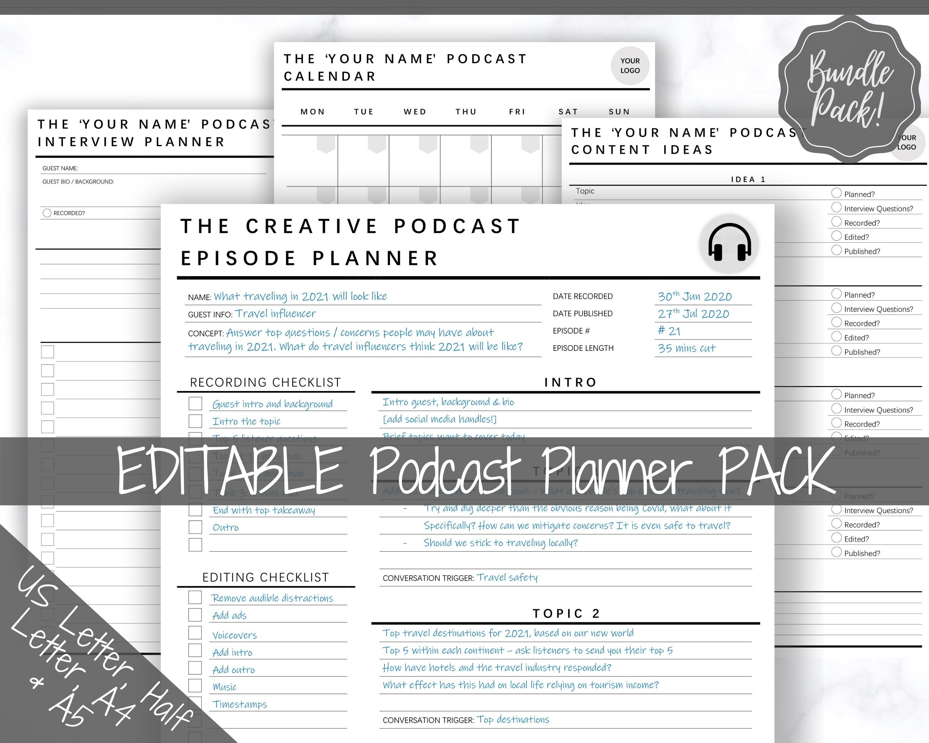 Editable Podcast Planner BUNDLE Pack. Podcast Template Content Etsy