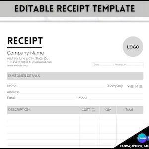 Receipt Template, EDITABLE Receipt Form, Small Business, Invoice Order, Job Estimate Form, Word, Canva, Google Docs, Quote, Proposal