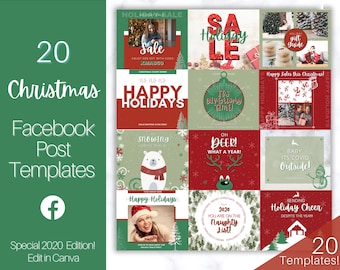 Christmas Facebook Post Templates. Happy Holiday Canva Template Pack. Festive Editable Social Media Posts. Seasonal business 2020, Red Green