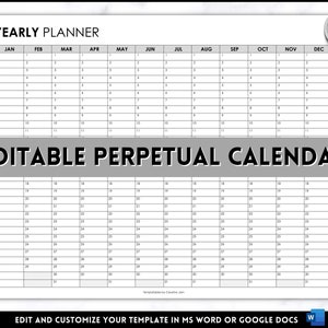 EDITABLE Perpetual Calendar, Undated Year at a Glance, Reusable ...